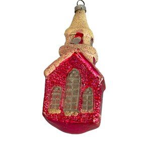 Vintage 3.75" West Germany Glass Church Ornament Red Mica Snow Steeple 1950